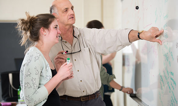 teacher helps a student