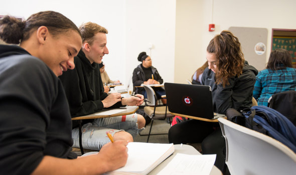 students working in small groups in a classroom