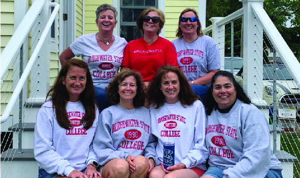 group of alumnus wearing matching Bridgewater state vintage line sweatshirts
