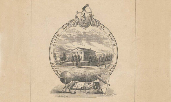 The cover of the 1859 Bridgewater Normal School course catalog, featuring a sketch of the old Normal School building