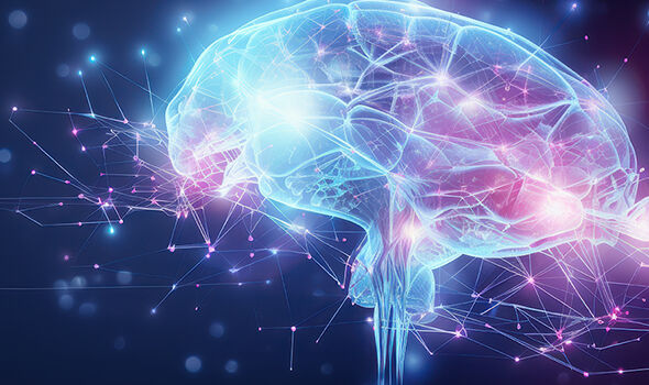 Digital illustration of a brain with lit up neural pathways