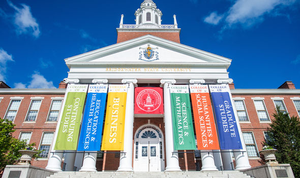 front of Boyden Hall with Colleges banners hanging in front of columns