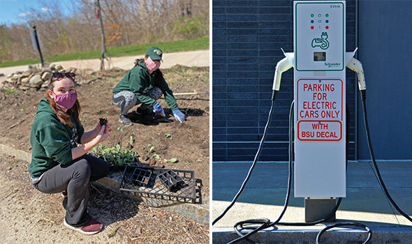 Students in Permaculture Garden/Electric car charger at BSU