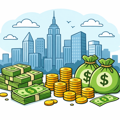 An AI generated image depicting an illustration of a city skyline with money in the foreground.
