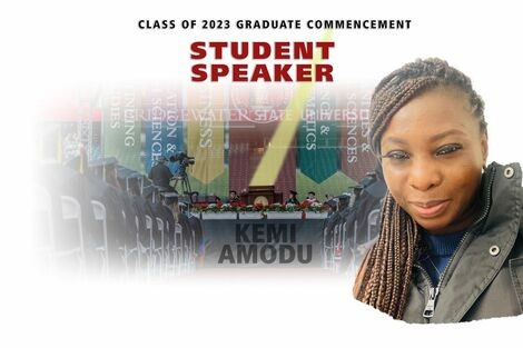 Kemi's face is in front of a graphic that reads student speaker