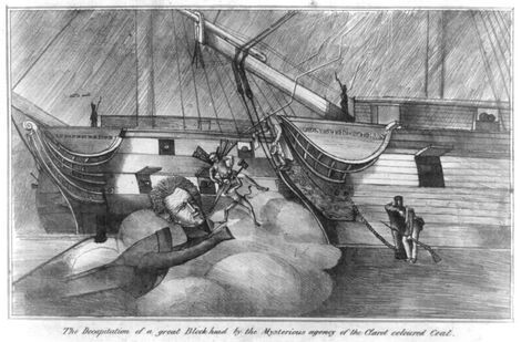A black and white political illustration from 1834 showing a ship with the head of a statue of Andrew Jackson, with the inscription "he decapitation of a great block head by the mysterious agency of the claret coloured coat"