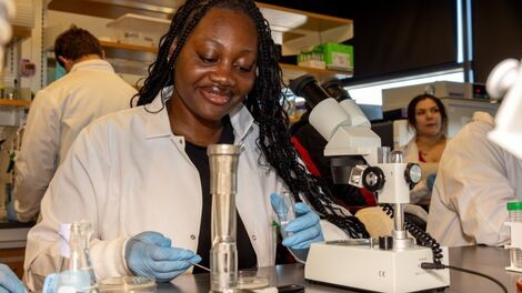 A student works with a microscope in a lab.