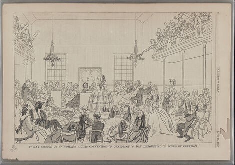 Print shows a group of women in a hall listening to a woman speaker who is pointing to the men sitting in an upper gallery.
