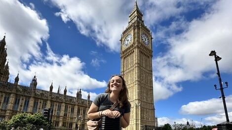 Danielle Johnson stands in front of Big Ben in London.
