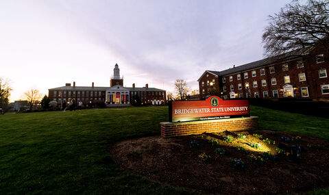 The Boyden Quad at twilight, with Boyden Hall in the background