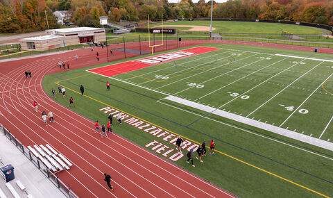 an aerial view of Mazzaferro Field, Bear Paw Pavilion and Alumni Park