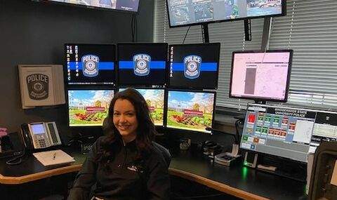 Dispatcher Joyce with multiple screens including Rave guardian app