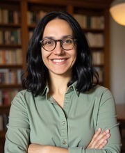 Dr. Carolina Freitas smiling with medium length dark hair and wearing black rim glasses and a sage green button down top. There is a bookshelf and lamp in the background