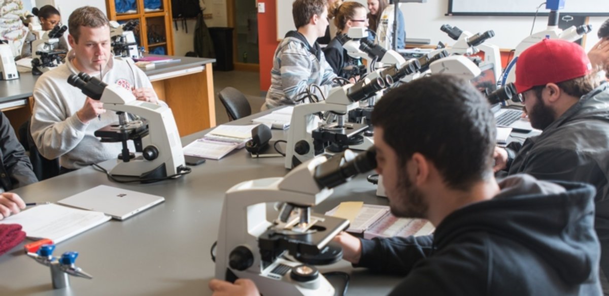 students at tables working with microscopes students at tables working with microscopes