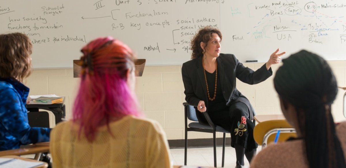 Professor Diana Fox teaching class sitting in front of a white board with notes about Unit 3: Social Anthropology Professor Diana Fox teaching class sitting in front of a white board with notes about Unit 3: Social Anthropology