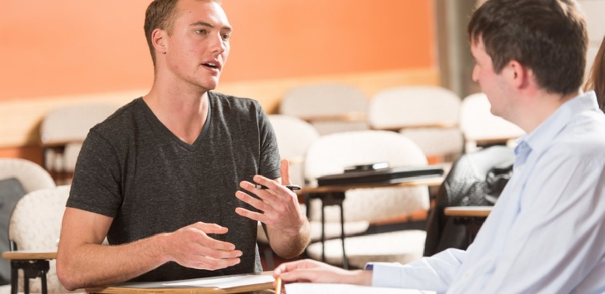 A student practicing counseling with another student A student practicing counseling with another student