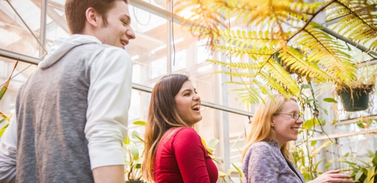 Professor and students in greenhouse surrounded by plants Professor and students in greenhouse surrounded by plants