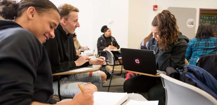 Students working in a group in class