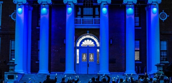 Boyden Hall is lit in blue on Autism Acceptance Night