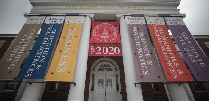 Banners hang from the front steps of Boyden Hall