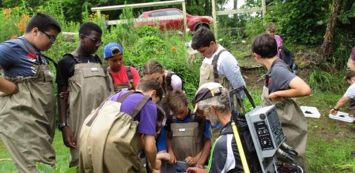 Students learning how to use equipment