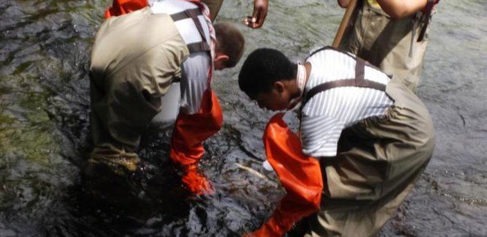 Students working in the river