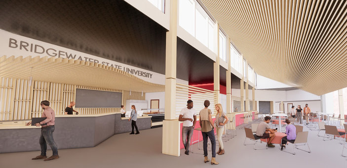 A rendering of the inside of a renovated Burnell Hall, with people teaching and collaborating.