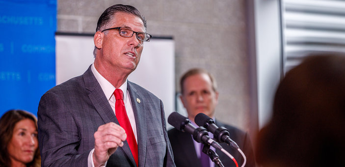 President Fred Clark speaks at a press conference.