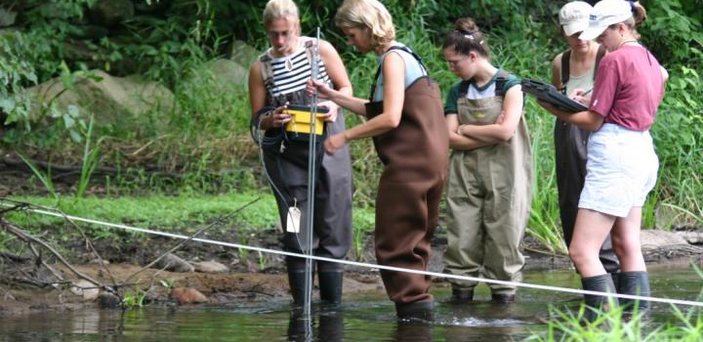 Watershed teams quantifying stream discharge during our watersheds workshop