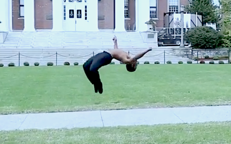 Ailton Tavares, ’20, in mid flip on the quadrangle Ailton Tavares, ’20, in mid flip on the quadrangle