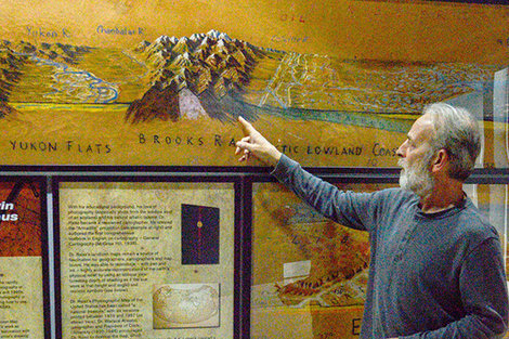 Dr. Robert Amey points out features on a Raisz map. Dr. Robert Amey points out features on a Raisz map.