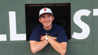 Adam Gentile behind scoreboard at Fenway Park