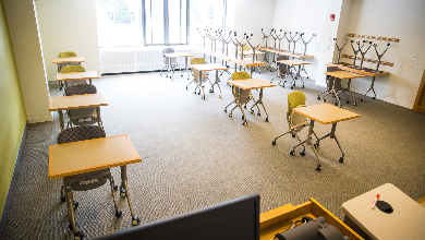 A view of a physically distant classroom