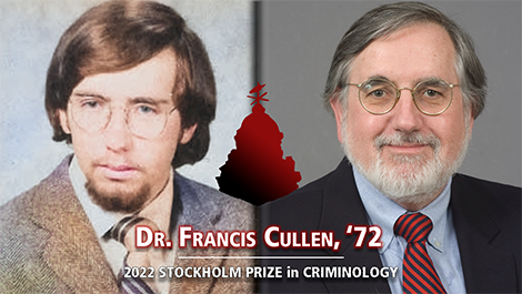 Francis Cullen's college yearbook and modern headshots with text stating he earned the 2022 Stockholm Prize