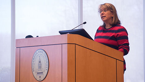 Elizabeth Englander gives a speech.