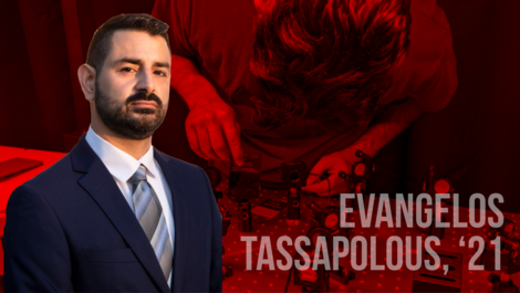 Evangelos Tassapoulous in a suit and tie with graphic of him working in lab