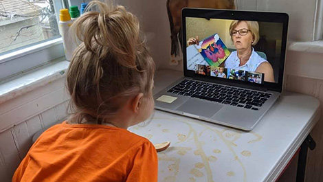 Janice Polvinen Mead teaches through video conferencing.