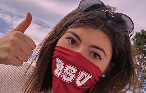 Mackenzie Rubitschung, ’21, proudly shows her BSU spirit with her homemade face mask.