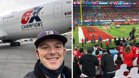 Casey Florence in front of jet and side shot of field during Super Bowl