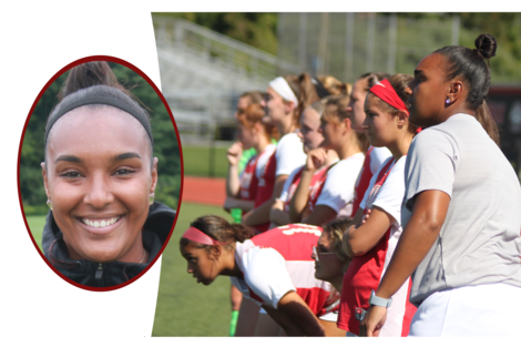 Yasmina Carvalho headshot along side image of her coaching from sideline