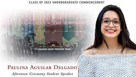 Graphic with a photo of Paulina Aguilar Delgado and text naming her the student commencement speaker.