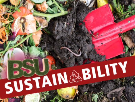 A red shovel digs into a pile of compost with BSU Sustainability over the top