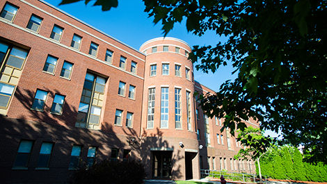 The front of DiNardo Hall with branches of a tree in the foreground