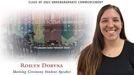 Graphic featuring a headshot of Roslyn, the commencement stage and text saying that she is the student speaker