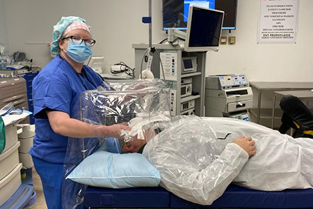 Riley's frame being demonstrated at a hospital.
