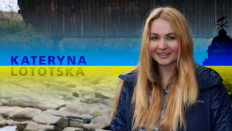 Graphic of Kateryna Lototska with her name in capital letters and a covered bridge and blue and yellow stripes in the background.