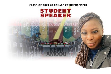Kemi's face is in front of a graphic that reads student speaker