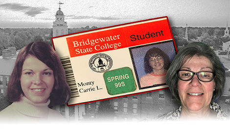 A graphic featuring photos of Carrie Monty and her student ID card.
