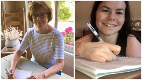 A young alumna and senior citizen write letters.