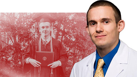 Graphic of Cory Pickering showing his BSU graduation photo and him with wearing a medical white coat